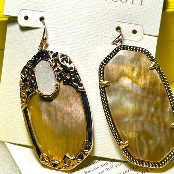 NWT Kendra Scott Deva Earrings Rose Gold Brown Pearl & Iridescent Drusy So RARE! - Picture 6 of 12